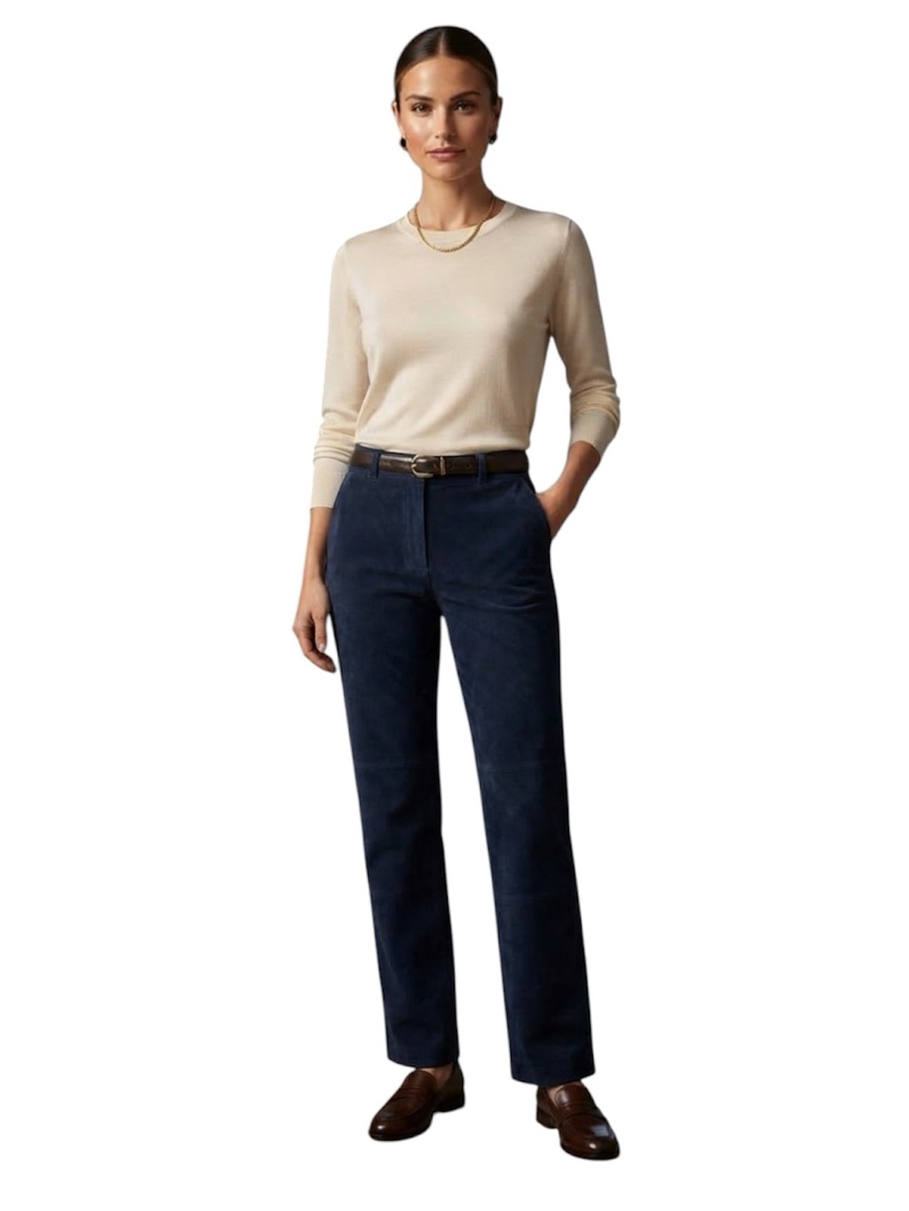 Vintage RTG Navy Blue Genuine Suede Straight-Leg Trousers